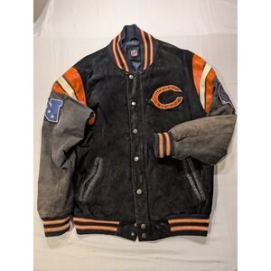 Vintage NFL Men's Large Chicago Bears Suede Leather Varsity Jacket Black Orange